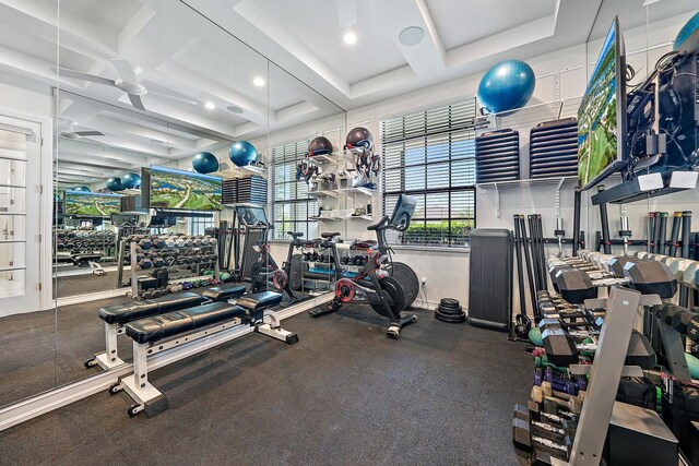 8164 SE Old Plantation Cir, Jupiter, FL 33458 - exercise room featuring coffered ceiling, beamed ceiling, and recessed lighting