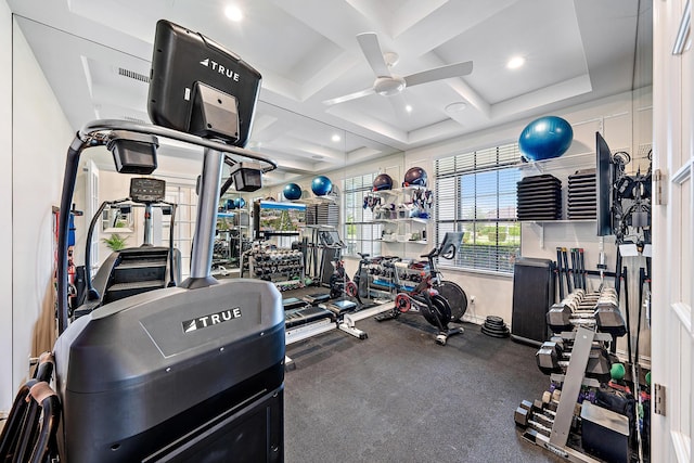 8164 SE Old Plantation Cir, Jupiter, FL 33458 - exercise room with ceiling fan, coffered ceiling, beam ceiling, and recessed lighting
