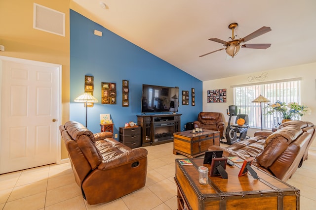 3542 SW Rosardo St, Port Saint Lucie, FL 34953 - living area with ceiling fan, light tile patterned flooring, and high vaulted ceiling