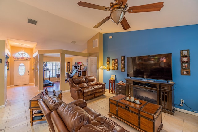 3542 SW Rosardo St, Port Saint Lucie, FL 34953 - tiled living area with vaulted ceiling, a ceiling fan, and baseboards