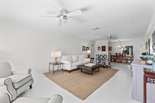 4680 Rosewood Tree Ct Unit A, Boynton Beach, FL 33436 - living room with a ceiling fan, ornamental molding, a chandelier, and light tile patterned floors