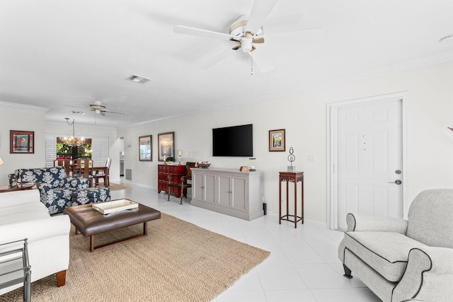 4680 Rosewood Tree Ct Unit A, Boynton Beach, FL 33436 - living area featuring a ceiling fan, crown molding, light tile patterned floors, and baseboards