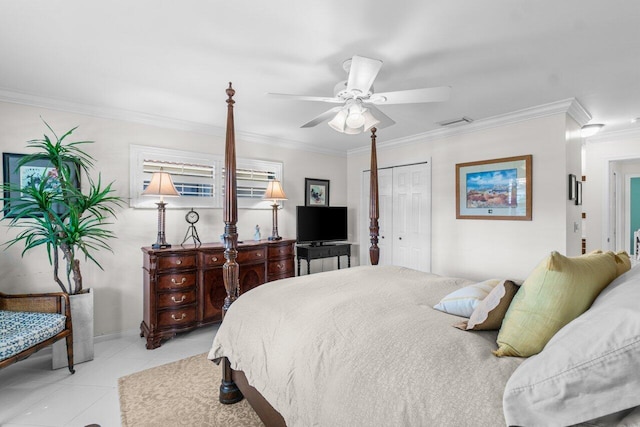 4680 Rosewood Tree Ct Unit A, Boynton Beach, FL 33436 - bedroom with crown molding, a closet, light tile patterned floors, and ceiling fan