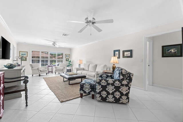 4680 Rosewood Tree Ct Unit A, Boynton Beach, FL 33436 - living room with ornamental molding, a ceiling fan, light tile patterned floors, and baseboards