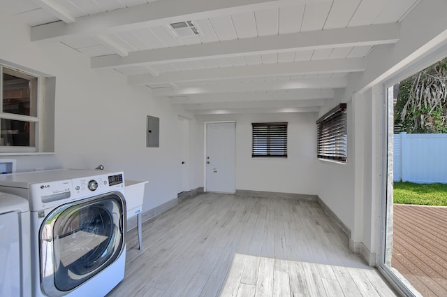 126 NW 3rd Ct, Boca Raton, FL 33432 - laundry room featuring washer and dryer, light wood finished floors, baseboards, and electric panel