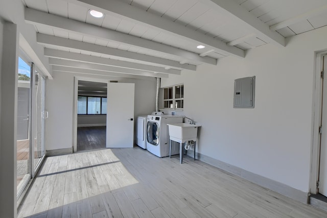 126 NW 3rd Ct, Boca Raton, FL 33432 - laundry area with independent washer and dryer, electric panel, baseboards, and light wood finished floors