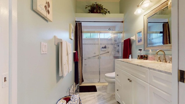 2608 SW River Shore Dr, Port Saint Lucie, FL 34984 - full bathroom featuring toilet, marble look tile flooring, a shower stall, and vanity