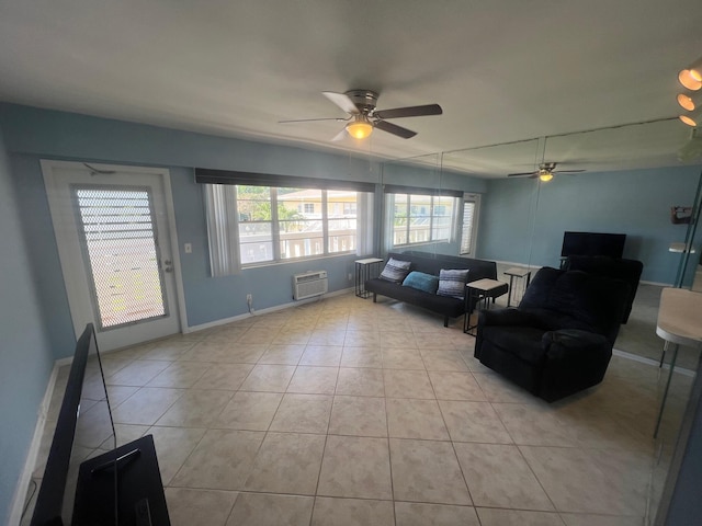 161 Dorset D, Boca Raton, FL 33434 - living room featuring ceiling fan, a wall mounted AC, light tile patterned floors, and baseboards
