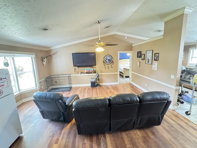 7810 Santa Clara Blvd, Fort Pierce, FL 34951 - living area featuring wood finished floors, a textured ceiling, ceiling fan, vaulted ceiling, and crown molding