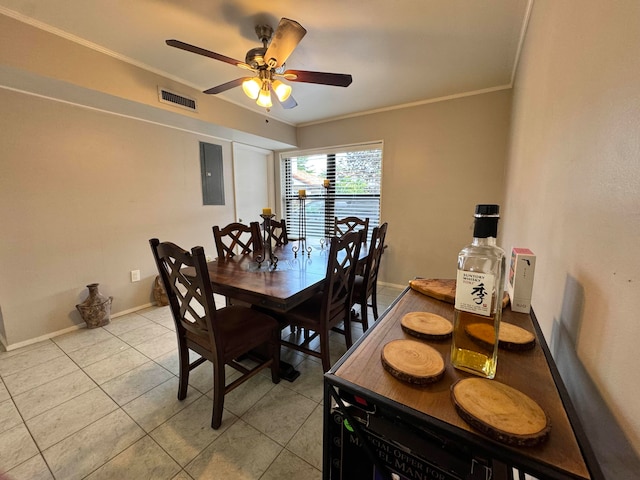 15015 SW 49th Ln Unit A-113, Miami, FL 33185 - dining space with crown molding, ceiling fan, light tile patterned floors, baseboards, and electric panel