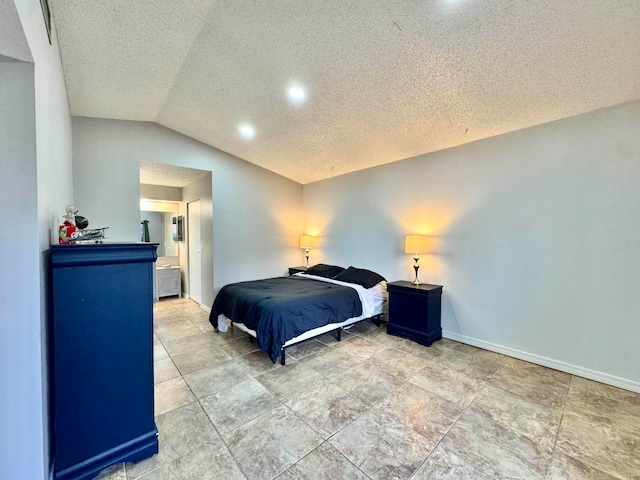 15015 SW 49th Ln Unit A-113, Miami, FL 33185 - bedroom featuring vaulted ceiling, a textured ceiling, baseboards, ensuite bathroom, and recessed lighting