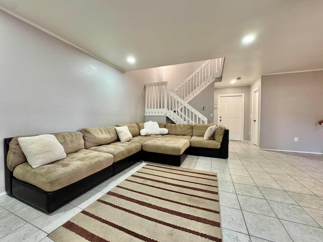 15015 SW 49th Ln Unit A-113, Miami, FL 33185 - living area featuring stairs, light tile patterned floors, baseboards, crown molding, and recessed lighting