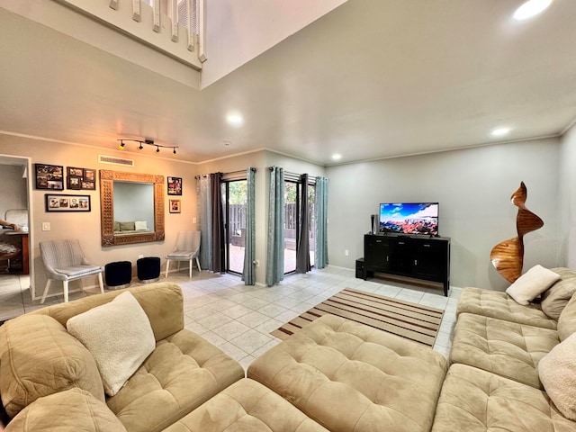 15015 SW 49th Ln Unit A-113, Miami, FL 33185 - living room featuring light tile patterned floors, baseboards, recessed lighting, and ornamental molding