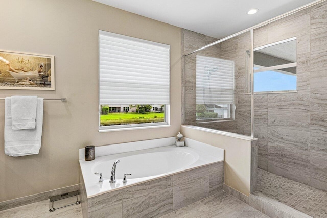9657 Sterling Shores St, Delray Beach, FL 33446 - bathroom featuring a bath, walk in shower, and recessed lighting