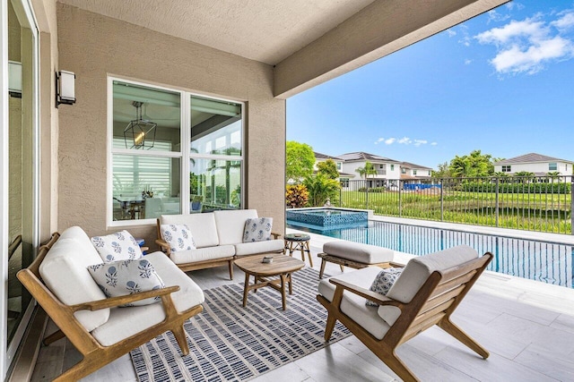 9657 Sterling Shores St, Delray Beach, FL 33446 - fenced backyard featuring outdoor lounge area, a pool with connected hot tub, and a patio area