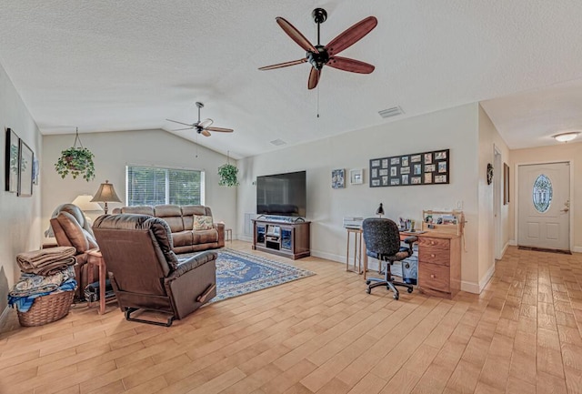 12275 N 54th St N, West Palm Beach, FL 33411 - living room featuring light wood-type flooring, ceiling fan, lofted ceiling, healthy amount of natural light, and an office area