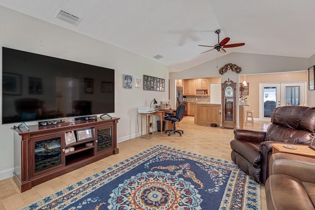 12275 N 54th St N, West Palm Beach, FL 33411 - living room featuring a ceiling fan, lofted ceiling, baseboards, and a desk