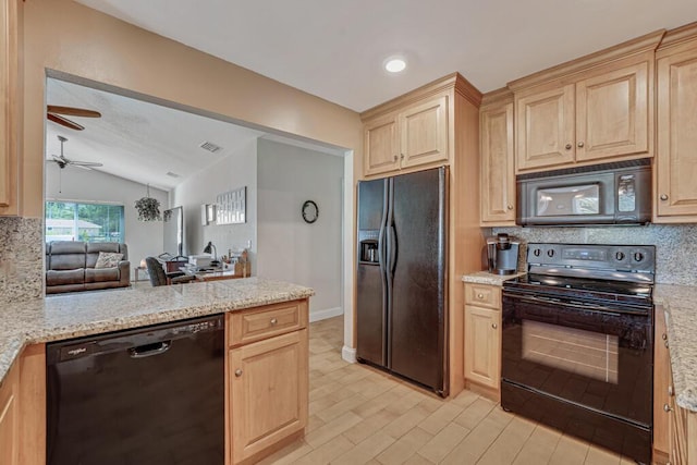 12275 N 54th St N, West Palm Beach, FL 33411 - kitchen featuring black appliances, light brown cabinets, decorative backsplash, vaulted ceiling, and a ceiling fan