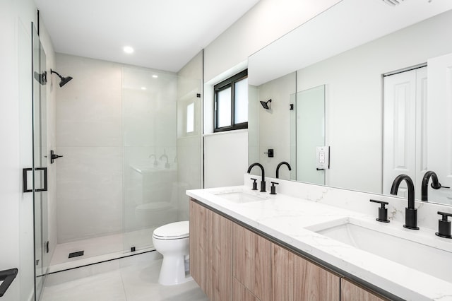 1182 SW 7th St, Boca Raton, FL 33486 - full bathroom featuring toilet, a stall shower, double vanity, tile patterned floors, and recessed lighting
