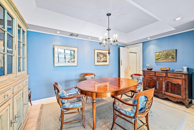 2160 Ibis Isle Rd Unit 9, Palm Beach, FL 33480 - dining area featuring a tray ceiling, a chandelier, recessed lighting, and baseboards