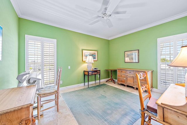 2160 Ibis Isle Rd Unit 9, Palm Beach, FL 33480 - office area with crown molding, ceiling fan, and baseboards