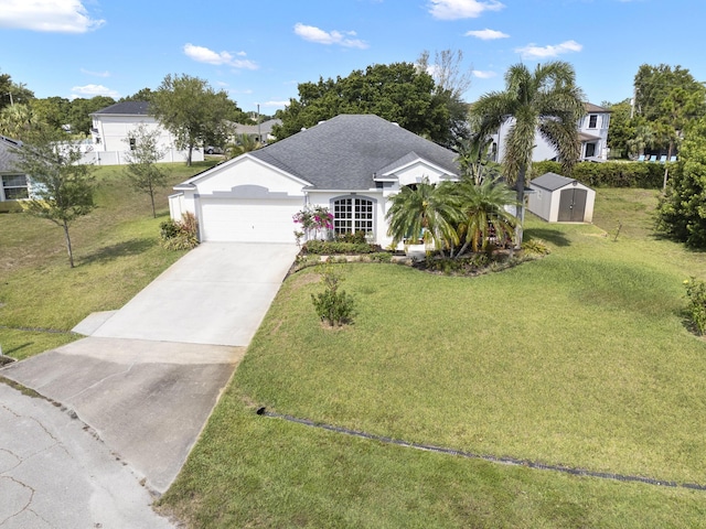 4312 SW Elaine Ct, Port Saint Lucie, FL 34953 - ranch-style house with a front lawn, driveway, an attached garage, a shingled roof, and stucco siding