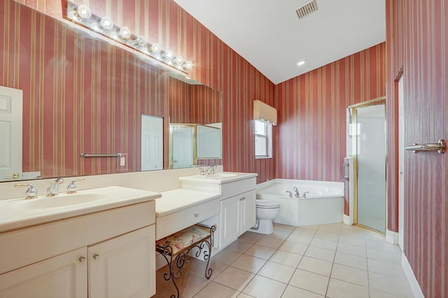 257 NW Toscane Trl, Port Saint Lucie, FL 34986 - bathroom featuring double vanity, tile patterned floors, a garden tub, wallpapered walls, and a stall shower