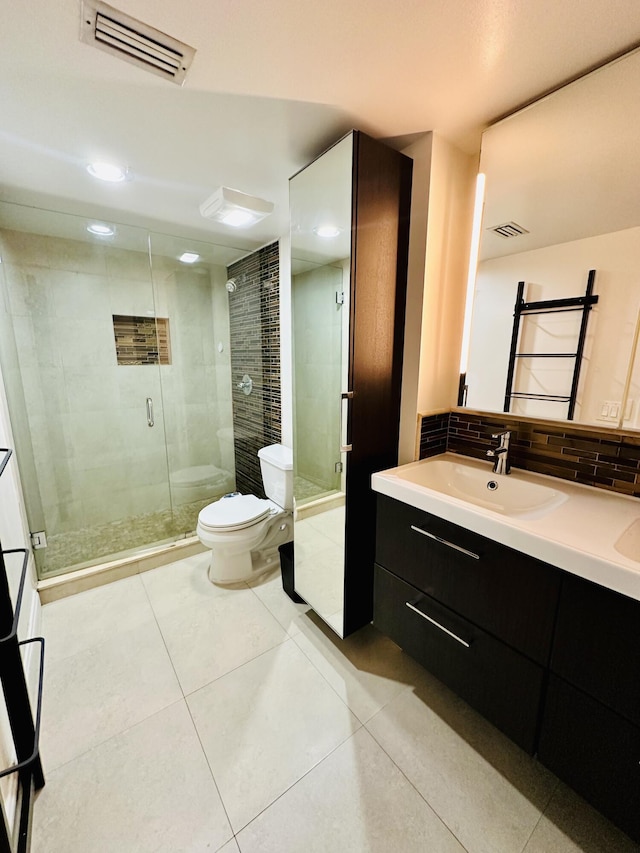11887 SW 13th Ct, Davie, FL 33325 - full bath with toilet, vanity, a shower stall, tile patterned floors, and backsplash