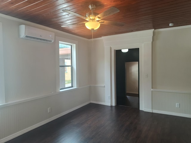 626 Texas Ct, Fort Pierce, FL 34950 - spare room with a wall mounted AC, ceiling fan, dark wood-style flooring, wood ceiling, and ornamental molding