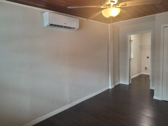 626 Texas Ct, Fort Pierce, FL 34950 - spare room with an AC wall unit, dark wood-style flooring, a ceiling fan, baseboards, and wood ceiling
