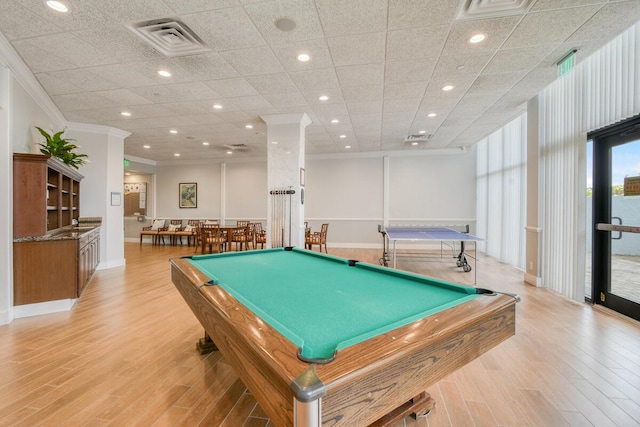 9650 S Ocean Dr Unit 1604, Jensen Beach, FL 34957 - rec room with ornamental molding, light wood-style flooring, billiards table, recessed lighting, and baseboards