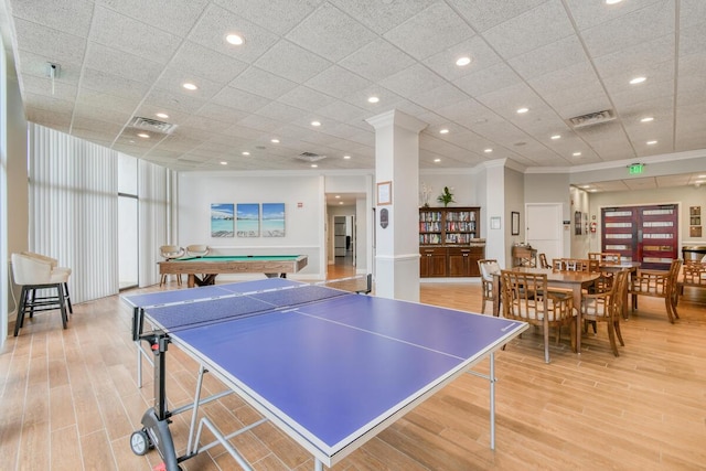 9650 S Ocean Dr Unit 1604, Jensen Beach, FL 34957 - rec room with light wood-style flooring, ornamental molding, billiards table, and recessed lighting