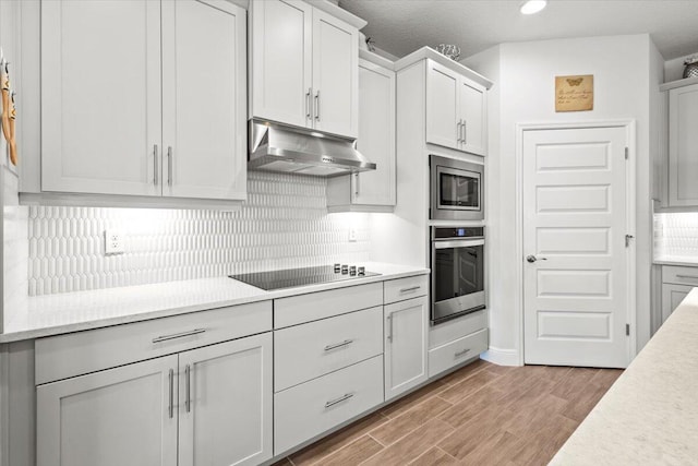 17936 Adrift Rd, Winter Garden, FL 34787 - kitchen featuring stainless steel appliances, under cabinet range hood, light countertops, decorative backsplash, and light wood-style floors