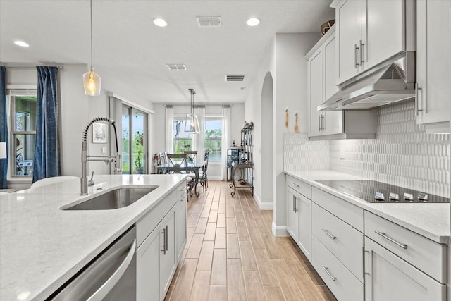 17936 Adrift Rd, Winter Garden, FL 34787 - kitchen with a sink, under cabinet range hood, stainless steel dishwasher, decorative backsplash, and pendant lighting