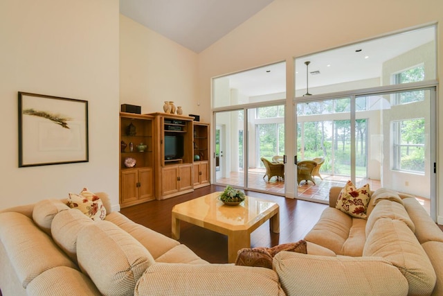 13312 NW Maplewood Rd, Palm City, FL 34990 - living area featuring dark wood-style floors, high vaulted ceiling, and healthy amount of natural light