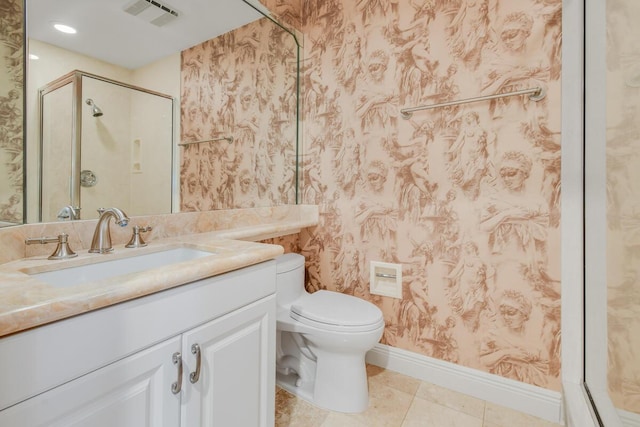 13312 NW Maplewood Rd, Palm City, FL 34990 - bathroom with vanity, toilet, a shower with door, baseboards, and wallpapered walls