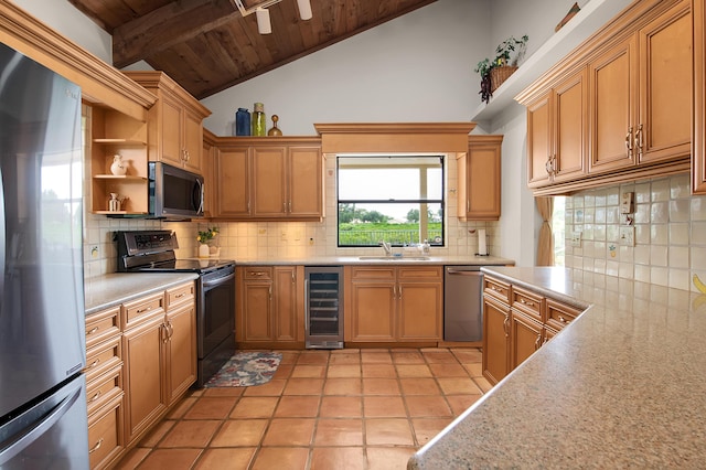 5898 Vista Linda Ln, Boca Raton, FL 33433 - kitchen featuring appliances with stainless steel finishes, wine cooler, wooden ceiling with exposed beams, light countertops, and a sink