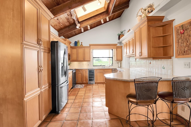 5898 Vista Linda Ln, Boca Raton, FL 33433 - kitchen with appliances with stainless steel finishes, beverage cooler, a peninsula, wood ceiling with exposed beams, and a sink