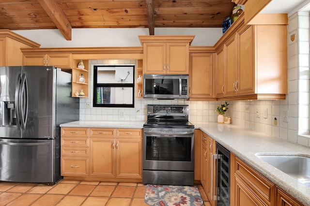 5898 Vista Linda Ln, Boca Raton, FL 33433 - kitchen featuring stainless steel appliances, wine cooler, wooden ceiling with exposed beams, tasteful backsplash, and light tile patterned floors