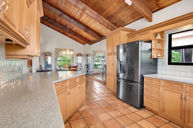 5898 Vista Linda Ln, Boca Raton, FL 33433 - kitchen featuring stainless steel refrigerator with ice dispenser, wooden ceiling with exposed beams, a chandelier, decorative backsplash, and decorative light fixtures