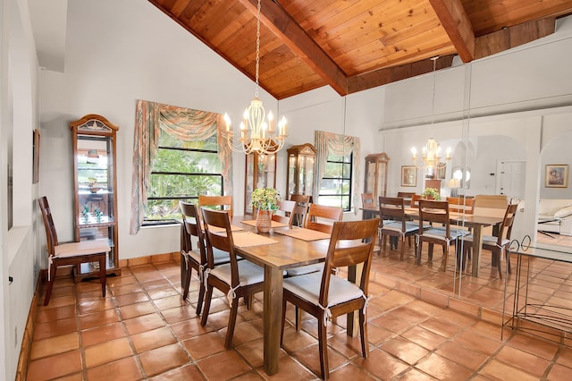 5898 Vista Linda Ln, Boca Raton, FL 33433 - dining area with a chandelier, wood ceiling with exposed beams, high vaulted ceiling, light tile patterned floors, and baseboards