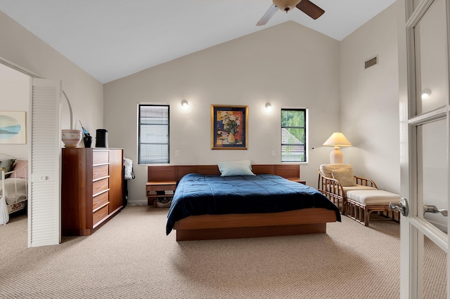 5898 Vista Linda Ln, Boca Raton, FL 33433 - bedroom with light carpet, vaulted ceiling, and a ceiling fan