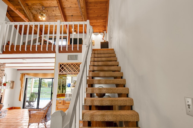 5898 Vista Linda Ln, Boca Raton, FL 33433 - stairway with wooden ceiling with exposed beams and tile patterned flooring