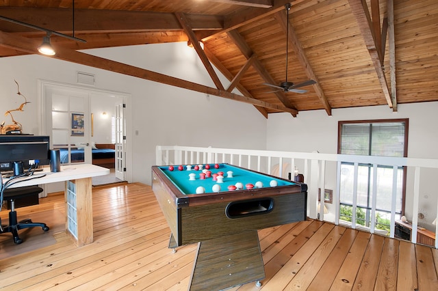 5898 Vista Linda Ln, Boca Raton, FL 33433 - recreation room with wooden ceiling, a ceiling fan, a desk, and wood-type flooring