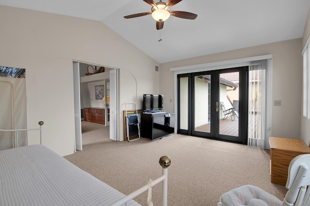 5898 Vista Linda Ln, Boca Raton, FL 33433 - bedroom featuring access to outside, vaulted ceiling, carpet floors, and ceiling fan