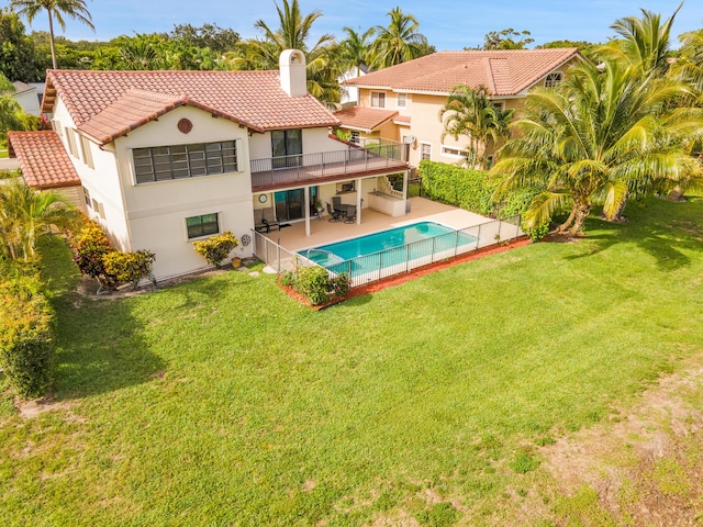 5898 Vista Linda Ln, Boca Raton, FL 33433 - back of property with stucco siding, a chimney, a patio, a tiled roof, and a balcony
