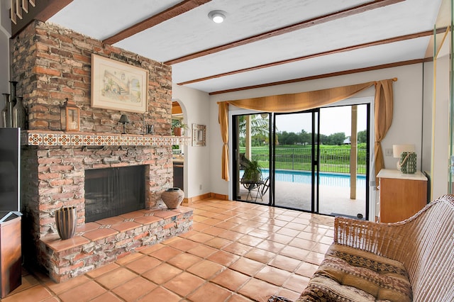 5898 Vista Linda Ln, Boca Raton, FL 33433 - living area with beamed ceiling, tile patterned floors, a fireplace, and baseboards