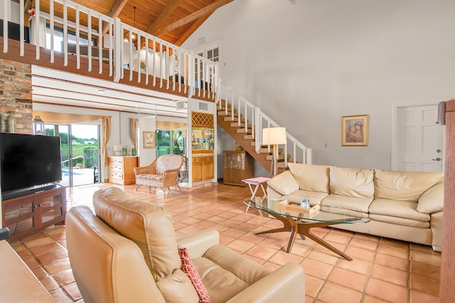 5898 Vista Linda Ln, Boca Raton, FL 33433 - tiled living room featuring high vaulted ceiling, wooden ceiling with exposed beams, and stairway