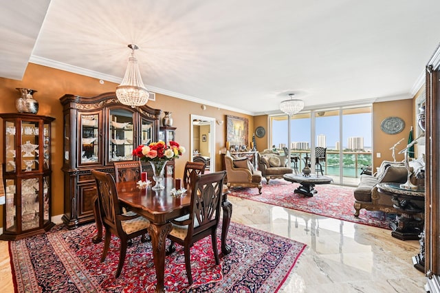 2640 Lake Shore Dr Unit 1510, Riviera Beach, FL 33404 - dining room featuring a chandelier, marble tiled floors, and crown molding