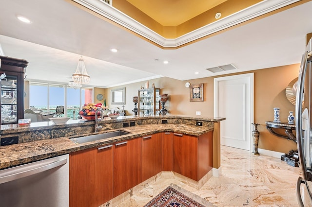 2640 Lake Shore Dr Unit 1510, Riviera Beach, FL 33404 - kitchen with stainless steel dishwasher, a sink, brown cabinetry, crown molding, and open floor plan